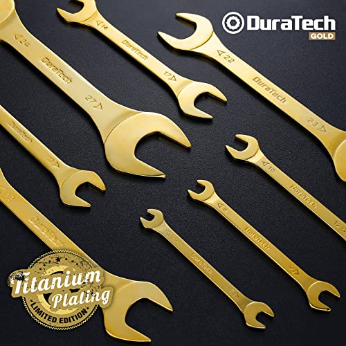 DURATECH Super-Thin Open End Wrench Set, 8-Piece, Metric | Slim Wrench Set, 5.5, 7, 8, 9, 10, 11, 12, 13, 14, 17, 19, 21, 22, 23, 24, 27 mm, Titanium Plating, Rolling Pouch - color: Gold, size: Metric