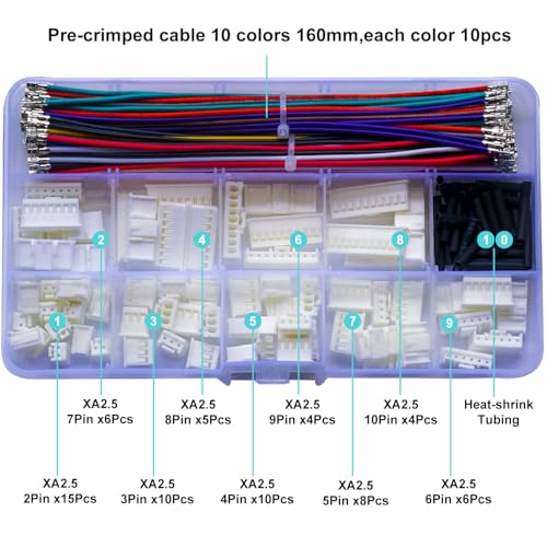 JST 2.54mm Connector with 22AWG Pre-Crimped Wire Kit, JST XA 2.54 2.54MM 2Pin 3Pin 4Pin 5Pin 6Pin 7Pin 8Pin 9Pin 10Pin Housing with 22AWG Wires for PCB Board & Electronics (JTS-2.5-XA) - size: 2.5MM-XA