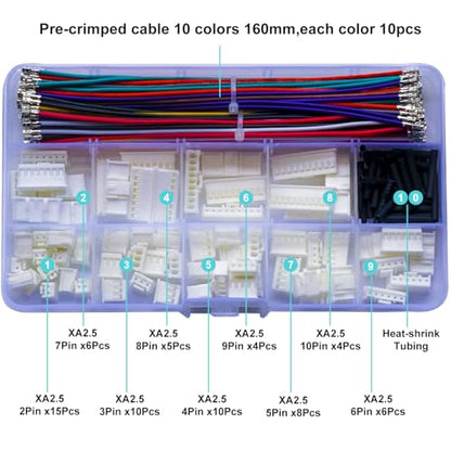 JST 2.54mm Connector with 22AWG Pre-Crimped Wire Kit, JST XA 2.54 2.54MM 2Pin 3Pin 4Pin 5Pin 6Pin 7Pin 8Pin 9Pin 10Pin Housing with 22AWG Wires for PCB Board & Electronics (JTS-2.5-XA) - size: 2.5MM-XA