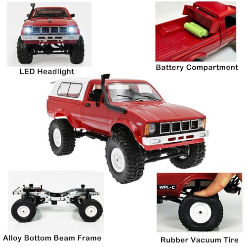RC Truck 1/16 RC Rock Crawler, WPL C24 4x4 RC Pickup Truck, 2.4GHz Remote Control Car, All Terrain Off Road RC Climbing Car with Headlights and 2 Batteries for Adults (Red) - color: Red