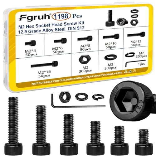 1198pcs M2 Hex Socket Head Screws, Nuts and Washers Assortment Kit | M2*4/6/8/10/12/16 mm, Hex Socket Head Cap Bolts,Nuts&Washers Assorted Set,12.9 Grade Black Zinc Plated for 3D Printer - size: M2 1200pcs