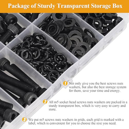 205 Pieces M5 Screws Nuts Washers Set Black, Sutemribor M5 x 8/10/12/16/20/25/30mm Hex Socket Head Cap Screws Nuts Washers Assortment Kit, 12.9 Grade Alloy Steel, Fully Threaded - size: M5 x 8-30mm, style: Socket Head