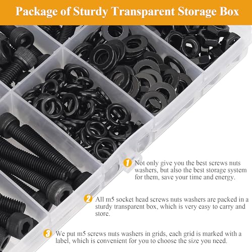 205 Pieces M5 Screws Nuts Washers Set Black, Sutemribor M5 x 8/10/12/16/20/25/30mm Hex Socket Head Cap Screws Nuts Washers Assortment Kit, 12.9 Grade Alloy Steel, Fully Threaded - size: M5 x 8-30mm, style: Socket Head