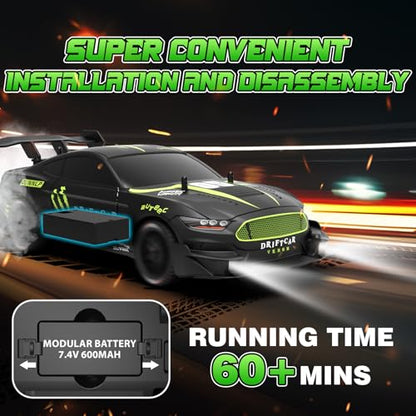 RC Drift Car 1/16 Scale 2.4Ghz 4WD Remote Control Car With Spray & Led Lights, 30+KM/H High Speed RC Drag Car, Racing Sport Toy Cars for Adults Boys Girls Kids Gift 2Pcs Rechargeable Battery - color: Black-g