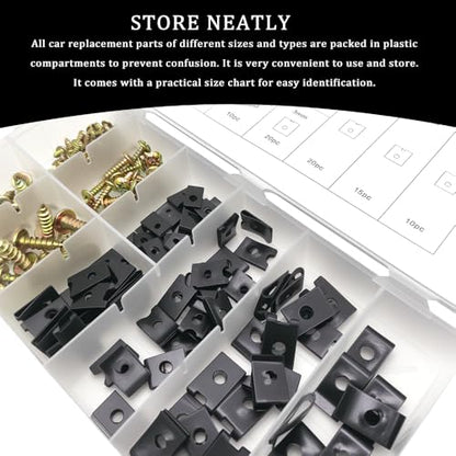 170PCS Car U Clips with Screw Assortment Kit, Carbon Steel U-Shaped Clamp Hardware Set, 9 Different Sizes Automotive U Nut and Screws, Universal U Clips for Car Dash Door Panel Interior