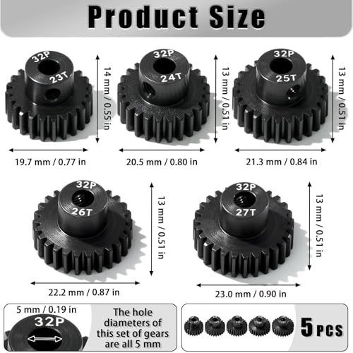 5Pcs 32P Hardened Steel Pinion Gear Set 5mm Shaft 23T 24T 25T 26T 27T Motor Pinion Gear with M4 Screw and Hex Key, for Arrma HPI Kyosho Losi Axial Traxxas Tamiya 1/10 RC Car and 540/550 Motors - size: 32P-HSP-5mm-23-27T