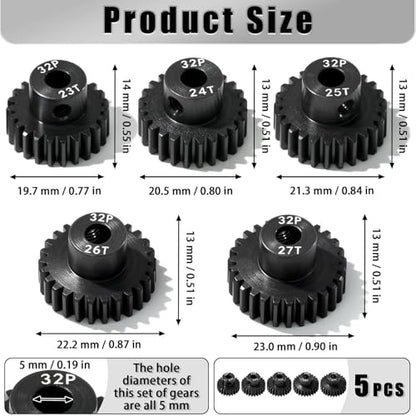 5Pcs 32P Hardened Steel Pinion Gear Set 5mm Shaft 23T 24T 25T 26T 27T Motor Pinion Gear with M4 Screw and Hex Key, for Arrma HPI Kyosho Losi Axial Traxxas Tamiya 1/10 RC Car and 540/550 Motors - size: 32P-HSP-5mm-23-27T