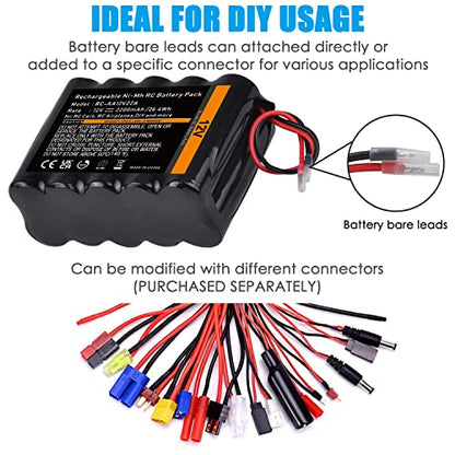 Tectra 12V RC Battery with Bare Leads, 2200mAh High Capacity Ni-MH Rechargeable Battery Pack for RC Models, DIY, Medical Equipments, LED Light Kit, Portable 12V DC Devices and More
