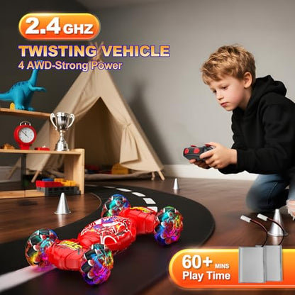 Nikuku Gesture Sensing RC Stunt Car, 4WD Remote Control Car for Boys 6-12 | Hand Controlled RC Twist Car with Lights & Music, 360° Rotation, Birthday Gift Ideas for Kids Ages 6 7 8 9 10 11 12 - color: Red