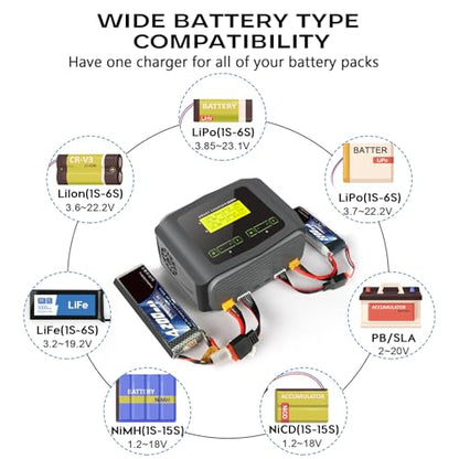LiPo Battery Charger Dual 10A Fast Balance Charger Discharger for RC Car | Large Screen Battery Charger for 1-6S LiPo LiHV Li-ion LiFe 1-15S NiCD NiMH 2-20V PB Smart Batteries RC Car Aircraft Drone - color: Gray