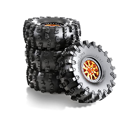 2.2 RC Crawler Tires OD 5.91'' and Beadlock Wheels Rims Set (Orange) | Soft Rubber Mud All Terrain Tyres For 1/10 1/8 Crawler Car Truck Traxxas TRX4 Axial SCX10 II Tamiya Gen8 4PCS - color: Orange