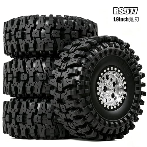 1/10 RC Crawler Tires and Wheels, 1.9" 120mm Rubber Rock Crawler Tires with Beadlock Rims, 4PCS RC Tires for Axial SCX10 TRX-4 1/10 Scale RC Off-Road Trucks (Silvery) - color: Silvery