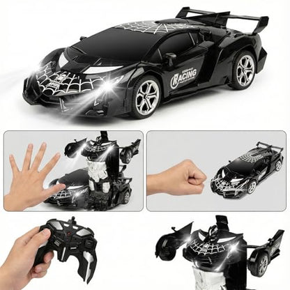 Rechargeable Transform Remote Control Spider Car, Black Transforming RC Robot Toy 1:18, One-Key Deformation, 360° Drifting Vehicle for Kids Ages 3-7