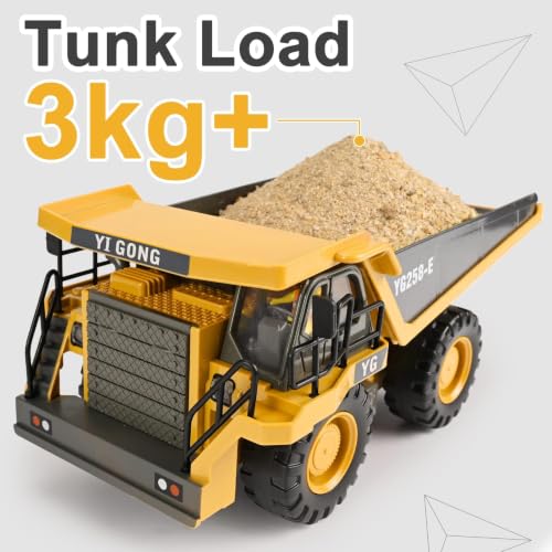 KidsFaves RC Dump Truck, 9CH Remote Control Dump Truck with Metal Dump Bed, 45° Lifting & 360° Rotation, 2 Batteries, Lights & Sounds, Construction Toy for Boys Age 3+ - style: dump truck
