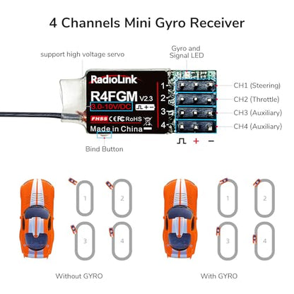 Radiolink R4FGM 4CH 400m RC Gyro Receiver for Radiolink Transmitter | 2.4GHz, for Mini RC Cars, Long Range Control, for RC Remote Controller Radiolink RC8X/RC6GS V3/RC4GS V3/T8FB/T12D/T16D