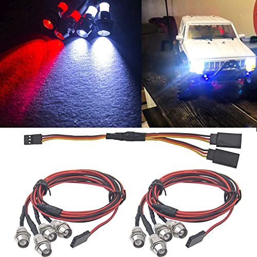 2Pack HIRCQOO 4LED RC Car LED Light Headlights Taillight Lighting with JR Y Cable Compatible with Traxxas HSP Tamiya Redcat RC4WD Axial HPI Kyosho Arrma 1/8 1/10 1/12 RC Car,2Red & 2White (5mm LEDs) - size: 5mm LEDs