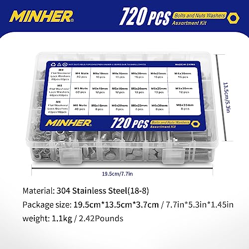 MINHER 720PCS M4 M5 M6 Bolts and Nuts Assortment Kit 304 Stainless Steel(18-8) Hex Screws Nuts & Washers, Includes 15 regular sizes