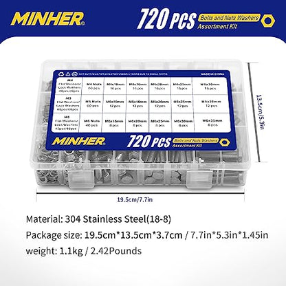 MINHER 720PCS M4 M5 M6 Bolts and Nuts Assortment Kit 304 Stainless Steel(18-8) Hex Screws Nuts & Washers, Includes 15 regular sizes