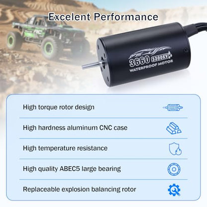 Surpass Hobby 3660 3300KV Brushless Motor and ESC 60A 2S Waterproof RC Motor ESC Combo for 1/10 Remote Control Cars Trucks Off-Road Vehicle - size: 3300KV, style: 3660 Motor and 60A ESC