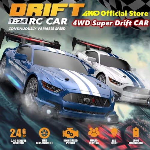 1:24 Scale RC Drift Car 4WD 2.4GHz 30KM/H High Speed Racing Sport Toy Car with LED Lights Racing and Drift Wheels Suitable for Beginners (8609-Blue) - color: 8609-blue