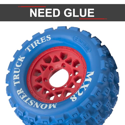 LRFHL MX28 F/R 2.8" RC Monster Truck Tires and Wheels 4PCS, Blue | 12mm/14mm Hex Adapter, 1/10 RC Monster Truck, Compatible with Traxxas Stampede Rustler Redcat Arrma Vorteks Big Rock Granite - color: Blue Tires+ Red Wheel-8