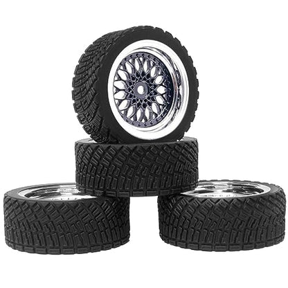 4PCS 65mm RC Rally Car Rubber Tires and Plastic Plating Wheel Rims Set 12mm Hex for 1/10 RC On-Road Rally Drift Racing Car for HSP Tamiya Sakura HPI WR8 HSP TT02 WLtoys(Black Silver) - color: Black