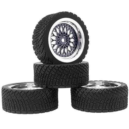 4PCS 65mm RC Rally Car Rubber Tires and Plastic Plating Wheel Rims Set 12mm Hex for 1/10 RC On-Road Rally Drift Racing Car for HSP Tamiya Sakura HPI WR8 HSP TT02 WLtoys(Black Silver) - color: Black