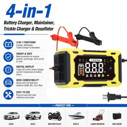 6-Amp 12V Smart Car Battery Charger, Battery Maintainer Trickle Charger with Desulfator, Pulse Repair & Overcharge Protection - for Car Lawn Mower Marine Lead-Acid Batteries (Yellow) - color: Yellow