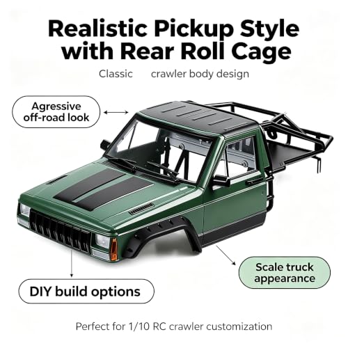 Hard Plastic RC Crawler Body Cab & Back-Half Cage Body Car Shell Upgrades Part for 1/10 RC Crawler Car for Axial SCX10 II 90046 TRX4 Redcat GEN8 (Army Green) - color: Army Green
