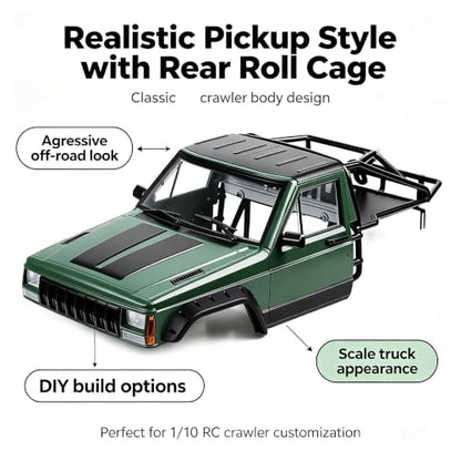 Hard Plastic RC Crawler Body Cab & Back-Half Cage Body Car Shell Upgrades Part for 1/10 RC Crawler Car for Axial SCX10 II 90046 TRX4 Redcat GEN8 (Army Green) - color: Army Green