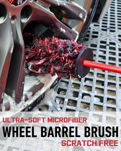 8PCS Wheel Cleaning Kit with Microfiber Brush & Rubber Grip Tire Brush, Twist Loop Drying Towel, Detailing Brush, Applicator for Car Rim and Tire Care - color: Red & Black