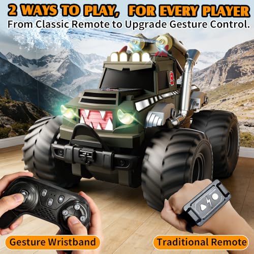 Dual Remote Control RC Car with Magic Gesture Wristband & 40+ Min Play, 1:18 Fully Submersible Waterproof All Terrain 4WD Monster Truck, Amphibious Toy Crawler Gift for Boys Girls Ages 6-12-Green - color: Green 2