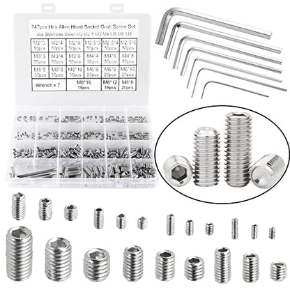 747Pcs M2/M2.5/M3/M4/M5/M6/M8 Metric Hex Socket Head Cup Point Set Screws, Allen Head Grub Screws, Internal Hex Drive Headless Set Screws Assortment Kit with 7Pcs Hex Keys, 304 Stainless Steel - color: Silver:747pcs Metric M2-M8 Cup Point Set Screw
