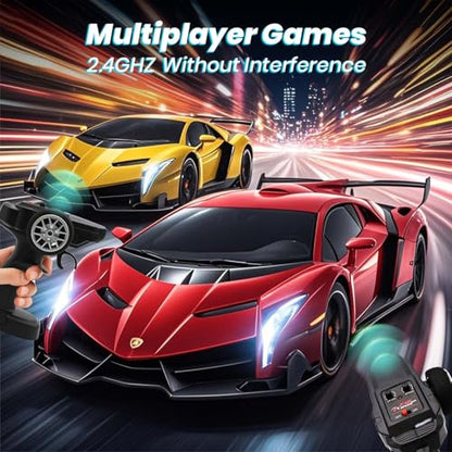 QUN XING Remote Control Car 1:24 Licensed Lamborghini 2.4G RC Drift Car red | rc car with LED Lights 2.4GHz 4WD 15KM/H Fast Speed Control Rechargeable Battery 800mah Birthday for Kids Boys 8-12 - color: Red