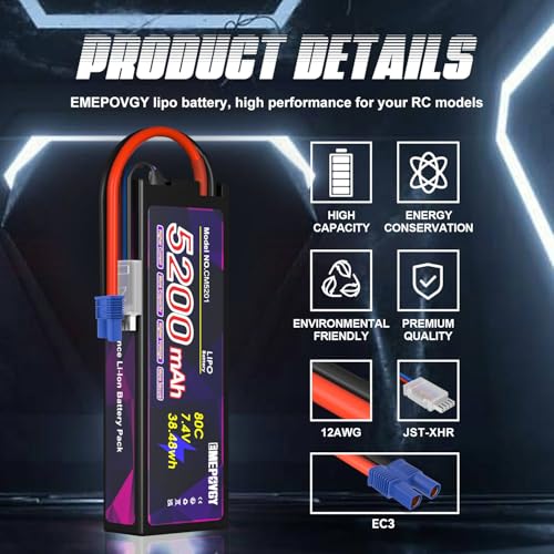 7.4V Lipo Battery 2S 5200mAh 80C Lipos Hard Case with EC3 Connector for RC Car Trucks 1/8 1/10 RC Vehicles(2 Packs) - color: EC3