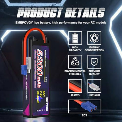 7.4V Lipo Battery 2S 5200mAh 80C Lipos Hard Case with EC3 Connector for RC Car Trucks 1/8 1/10 RC Vehicles(2 Packs) - color: EC3