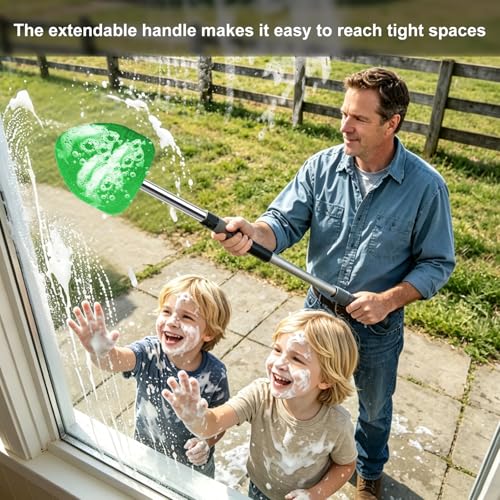 Windshield Cleaning Tool, Auto Window Cleaning Kit with 4 Reusable Microfiber Pads & Extendable Handle, Portable Windshield Cleaner Rotating Head Glass Wiper for Most Cars (Green) - color: Green