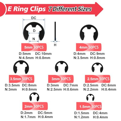 E Clips Assortment Kit with Removal and Installation E Clip Tool - E Clips Tool 350Pcs E Clips on 7 Sizes - 1.5mm 2mm 2.5mm 3mm 3.5mm 4mm 5mm Clip Rings E Clips Tool