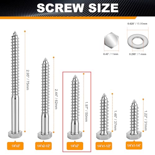 25 Pcs 1/4" x 2" Hex Head Lag Screws for Wood, Hex Head Lag Bolts,304 Stainless Steel 18-8 Heavy Duty Wood Screw with Flat Washers (25, 1/4" x 2") - size: 1/4" x 2"