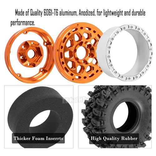 RC 2.2 Wheel Tires for 1/10 SCX10 SCX10 II 90046 SCX10 III AXI03007 SCX10 Pro TRX4 TRX6 Gen7/8 D90 VS4-10 MST CFX RC Crawler Car,4pcs Aluminum RC 2.2 in Beadlock Wheel,Orange - color: Orange - (2.2tires)