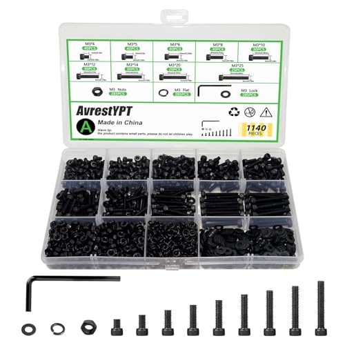 1140PCS M3 Screws Assortment Kit, M3x5/6/8/10/12/14/20/25 mm Hex Socket Head Bolts, Nuts & Washers Assorted Set - 12.9 Alloy Steel Black Zinc Plated M3 Screw for 3D Printer,DIY - size: M3x5/6/8/10/12/14/20/25-1140Pcs