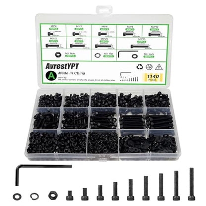 1140PCS M3 Screws Assortment Kit, M3x5/6/8/10/12/14/20/25 mm Hex Socket Head Bolts, Nuts & Washers Assorted Set - 12.9 Alloy Steel Black Zinc Plated M3 Screw for 3D Printer,DIY - size: M3x5/6/8/10/12/14/20/25-1140Pcs