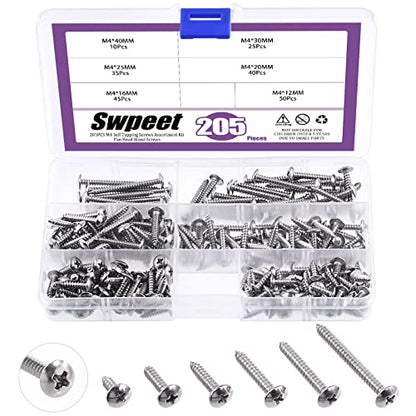 Swpeet 205Pcs #8 x 1/2" to 1-3/5" 304 Stainless Steel Phillips Truss Head Self Tapping Screws Phillips Cross Drive Wood Screws Sheet Metal Screws Assortment Kit for Sheet Metal, Wood, PVC Plastic - size: M4