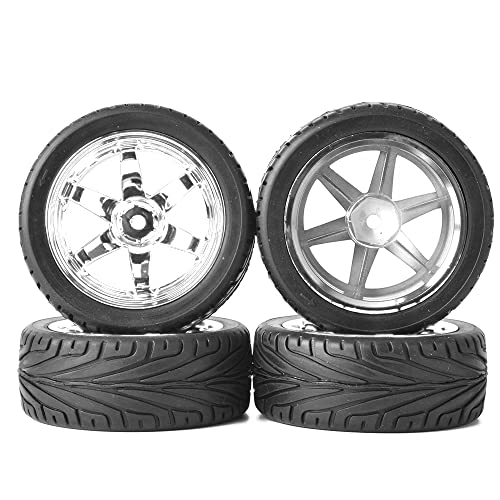 4PCS RC Car Rubber Tires and Plastic Wheels Rims Compatible with 1/10 Scale On Road Touring Racing Flat Drift Car for HSP HPI Tamiya(Silver) - color: Silver