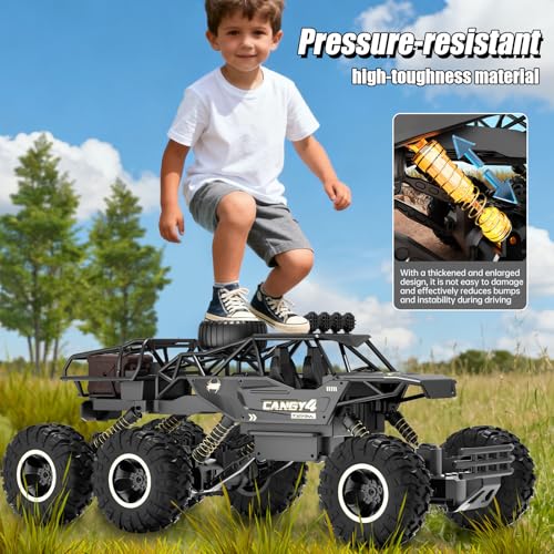 Large Size RC Cars, Rock Crawler RC Truck with 2 Rechargeable Batteries, 6 Wheel Remote Control Monster Truck, Durable Metal Body & LED Headlights, Boy Toys for 4-7, 8-12 Kids & Adults - color: 6 Wheels Black