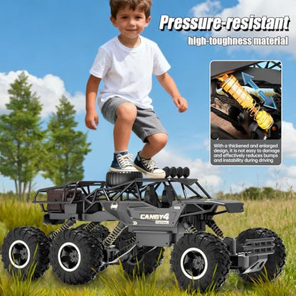 Large Size RC Cars, Rock Crawler RC Truck with 2 Rechargeable Batteries, 6 Wheel Remote Control Monster Truck, Durable Metal Body & LED Headlights, Boy Toys for 4-7, 8-12 Kids & Adults - color: 6 Wheels Black