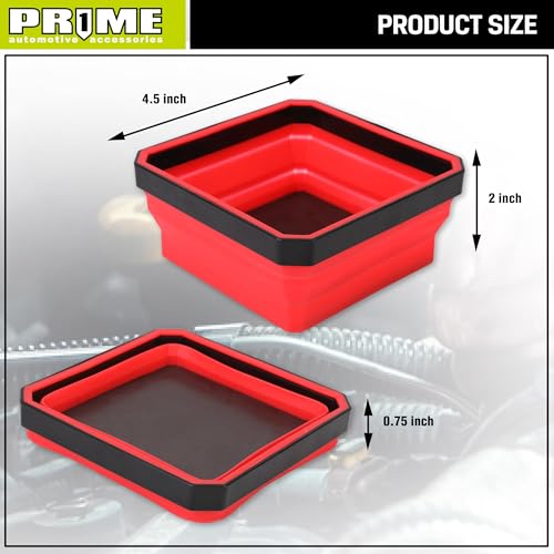 PR1ME Collapsible Magnetic Parts Tray Set, Foldable Magnetic Tray, 3 Pieces 4.25 inch Square Silicone Bowls with Magnetic Base Stores and Organizes Small Parts and Tools - size: Basic Trays