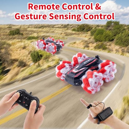 RC Stunt Car, Double-Sided 360° Flips, 4WD Gesture Sensing RC Cars with Cool Lights and Music, for Boys Aged 6-12, Great Birthday Presents, Toy Cars (Red) - color: M-red