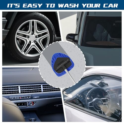 Car Wash Brush with Long Handle, Windshield Cleaning Tool, Car Washing Mop Kit Mitt Sponge Car Cleaning Supplies Kit, Microfiber Towel Gloves Universal for Cars RV SUV Truck Office (Blue) - color: Blue