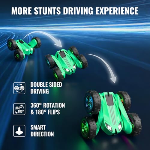 MaxTronic Fast Direct Charging Remote Control Car with LED，Exclusive Dual USB-C Charging for Car & Controller - 2.4Ghz 15km/h 360° Flips Rotations 4WD RC Stunt Car Fully Rechargeable for Kids 3-12 - color: Green